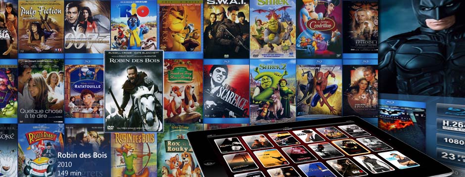 Collection de films sur serveur audio vidéo multiroom, piloté par ipad, dvd et blu-ray